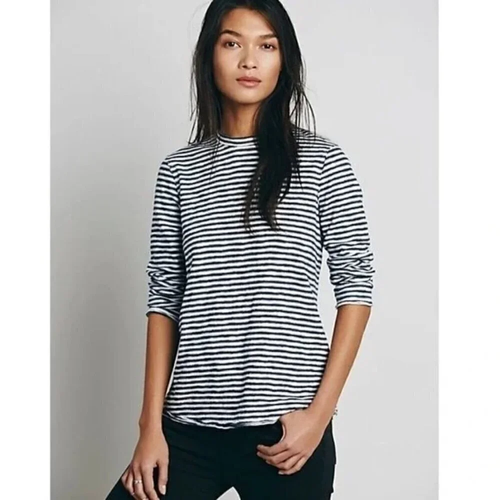 Free People We the Free‎ Mod Black & White Stripe 3/4 Long Sleeve Top XS